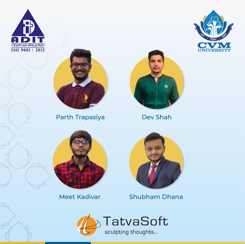adit_cvmu's tweet photo. ADIT-CVMU
CONGRATULATIONS to students for getting placed in web mob technology, Maruti Techlabs & Tatvasoft.
#cvmuniversity #cvm #adit_cvmuniversity #adit #webmobtechnology #marutitechlabs #tatvasoft #campusplacement #placement2020 #opportunity #achievement #engineeing #acpc https://t.co/b73UpKXRGa