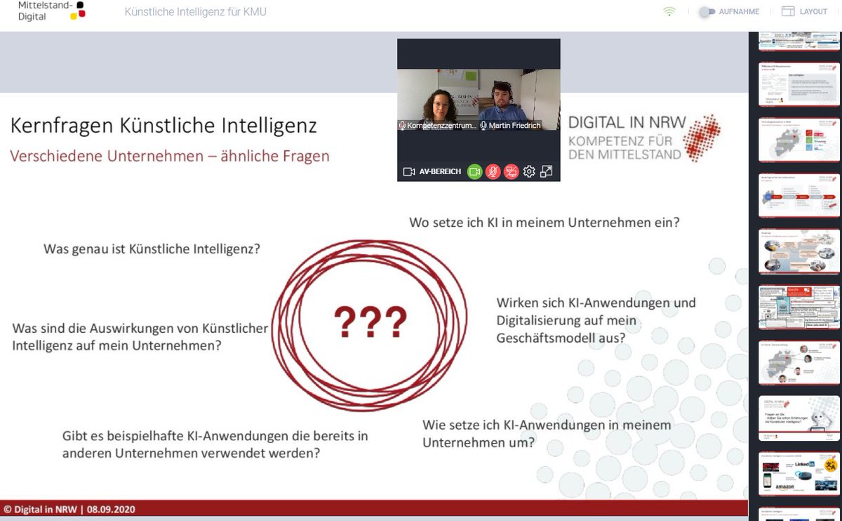 digitalinnrw's tweet photo. #KünstlicheIntelligenz für #KMU unser Online-Seminar läuft gerade und klärt die wichtigsten Fragen rund um #KI im #Mittelstand mit unserem KI-Trainer @FriedMart. Mit dabei sind unser Partner @IHK_Essen und zahlreiche Unternehmer. 
@MittelstandDigi @FraunhoferIML @unternehmer_nrw https://t.co/hVaOs5a6gk