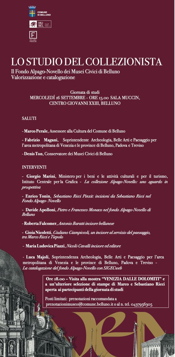 ☝🏻 -+ LO STUDIO DEL COLLEZIONISTA + 16 settembre ore 15:00 Giornata di studi sulla collezione Alpago-Novello e sull’incisione del Settecento con visita riservata esclusiva alla raccolta #Belluno #etching #print <a href="/comunebelluno/">Comune di Belluno</a>  📋Prenotazione raccomandata!