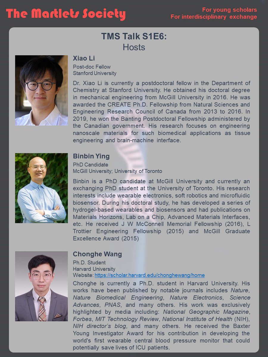 YinNemo's tweet photo. TMS Talk this Saturday, Dr. Jinxing Li will share his research on adaptive biodesign for medical electronics. Dr. Li is currently a post-doc fellow at Prof. @zhenanbao's group at @Stanford. He was rewarded MIT Technology Review Innovators under 35 in 2019. https://t.co/hQ1l6CgbwZ