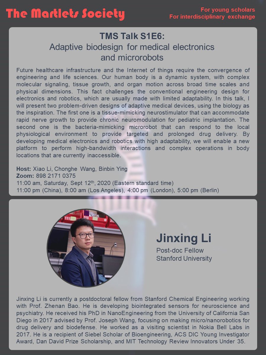 YinNemo's tweet photo. TMS Talk this Saturday, Dr. Jinxing Li will share his research on adaptive biodesign for medical electronics. Dr. Li is currently a post-doc fellow at Prof. @zhenanbao's group at @Stanford. He was rewarded MIT Technology Review Innovators under 35 in 2019. https://t.co/hQ1l6CgbwZ