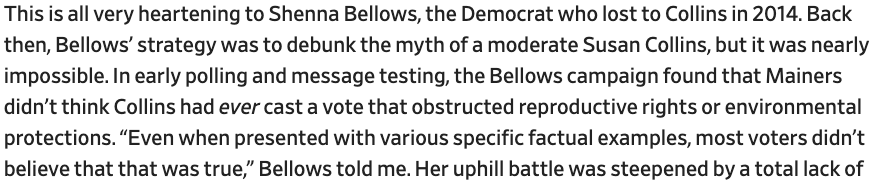 I was also extremely impressed by state senator  @shennabellows, who lost to Collins in 2014 and has a clear-eyed view of how Maine voters have changed since then. Her thoughtful analysis was essential to my understanding of the landscape. 6/x https://slate.com/news-and-politics/2020/09/maine-turned-on-susan-collins.html