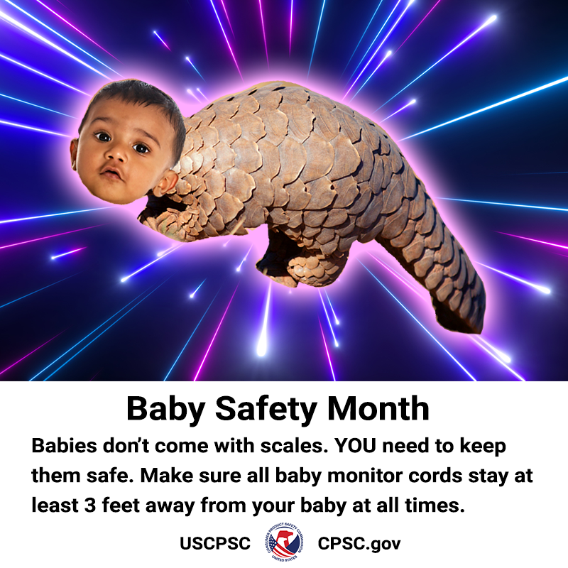 A Pangolin with the face of a baby flying through space. The text reads: Baby safety month. Babies don't come with scales. You need to keep them safe. Make sure all baby monitor cords stay at least 3 feet away from your baby at all times.