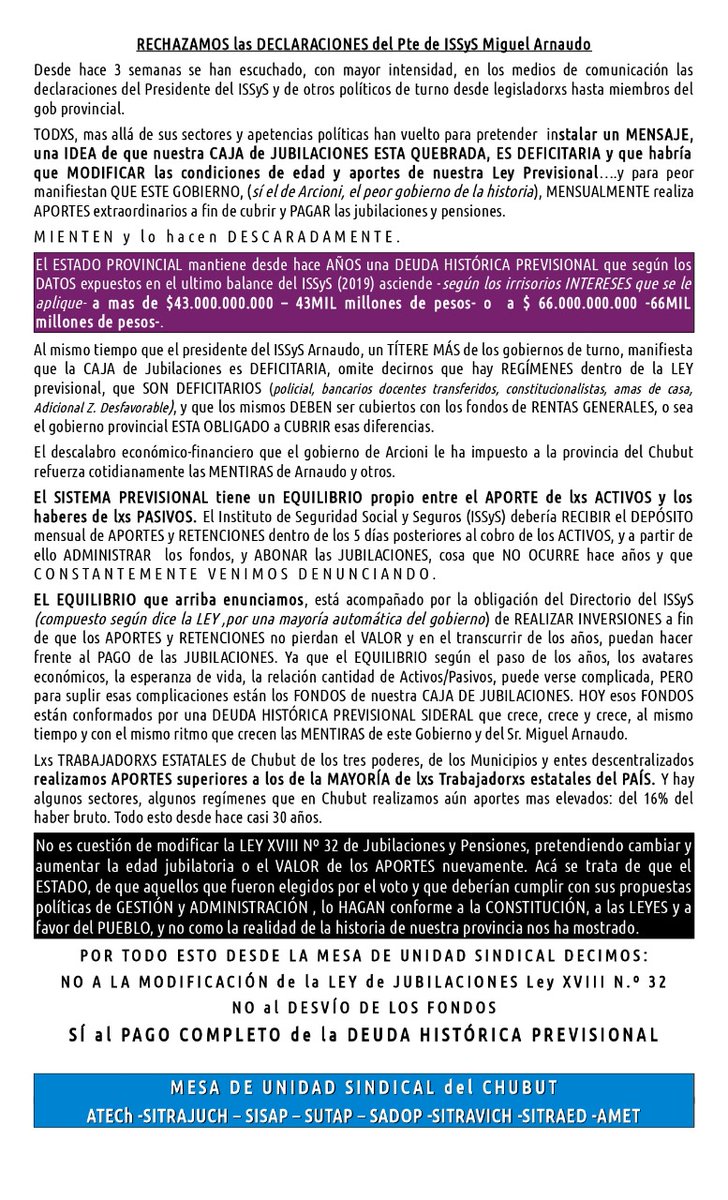 CTA_Chubut's tweet photo. #ATENCION 
Comunicado de la #MesaDeUnidadSindical de #Chubut 
Rechazamos las declaraciones d funcionarios q atentan contra la Caja de Jubilaciones
Decimos NO A LA MODIFICACIÓN DE LA LEY DE JUBILACIONES
NO AL DESVÍO DE FONDOS
SI AL PAGO COMPLETO  DE LA DEUDA  HISTÓRICA PREVISIONAL https://t.co/xz3MQDrSjf