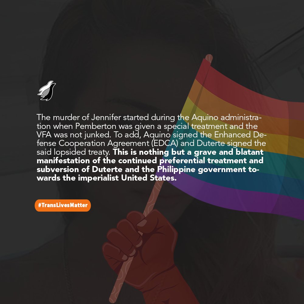 SCMPDavao's tweet photo. JUSTICE FOR JENNIFER LAUDE! KEEP PEMBERTON IN JAIL!

SCMP-Davao strongly condemns Duterte's decision of granting absolute pardon to Joseph Pemberton. 

This decision is a blatant hatred towards transgenders and a denial of justice to the Filipino people.

#JusticeForJenniferLaude https://t.co/QQCJUhd7uZ