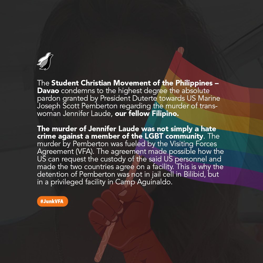 SCMPDavao's tweet photo. JUSTICE FOR JENNIFER LAUDE! KEEP PEMBERTON IN JAIL!

SCMP-Davao strongly condemns Duterte's decision of granting absolute pardon to Joseph Pemberton. 

This decision is a blatant hatred towards transgenders and a denial of justice to the Filipino people.

#JusticeForJenniferLaude https://t.co/QQCJUhd7uZ