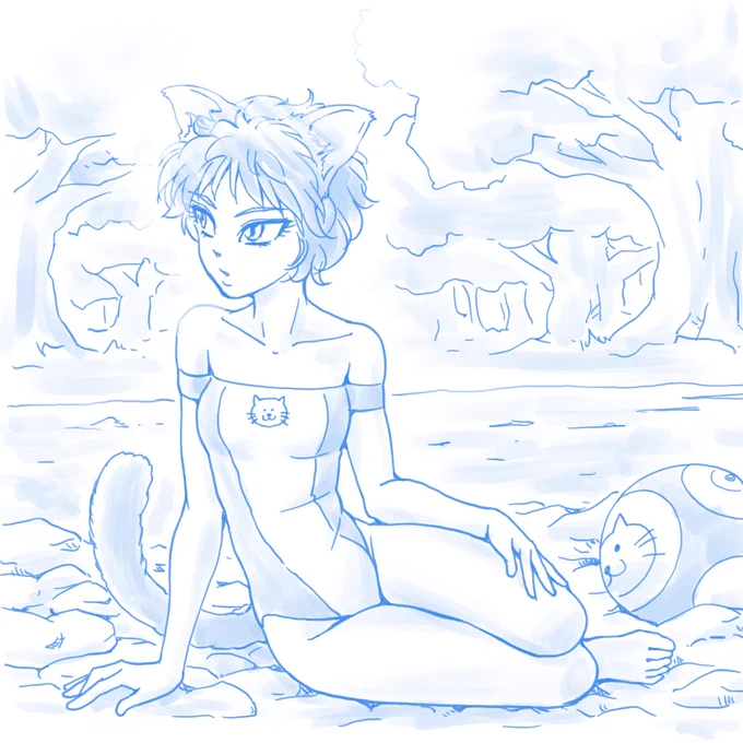 ケモ耳で水着女子を描いてみた。 easyposerをアタリにしてたら、何となくケモ耳を描いてみたくなり、ショートにしたら、いつの間にか水着になってました(笑) まだ暑い日が続いてますが、そろそろ涼しくなって欲しいものですね #ケモ耳 #水着女子 #easyposer