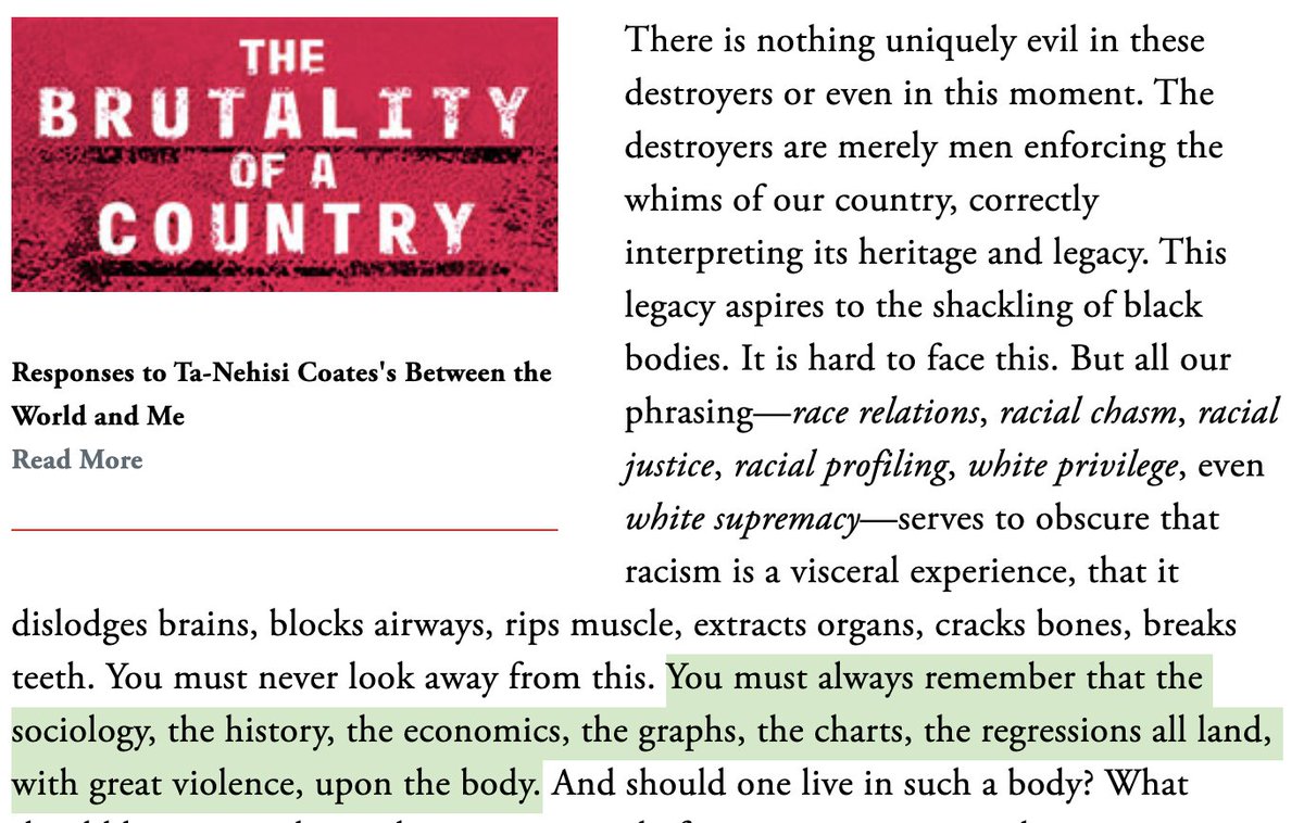 race as a social construct always makes me think of Coates' letter to his sonabout the ways racism is a visceral experiencethat theories of race "land, with great violence, upon the body"  #ScholarStrike  https://www.theatlantic.com/politics/archive/2015/07/tanehisi-coates-between-the-world-and-me/397619/