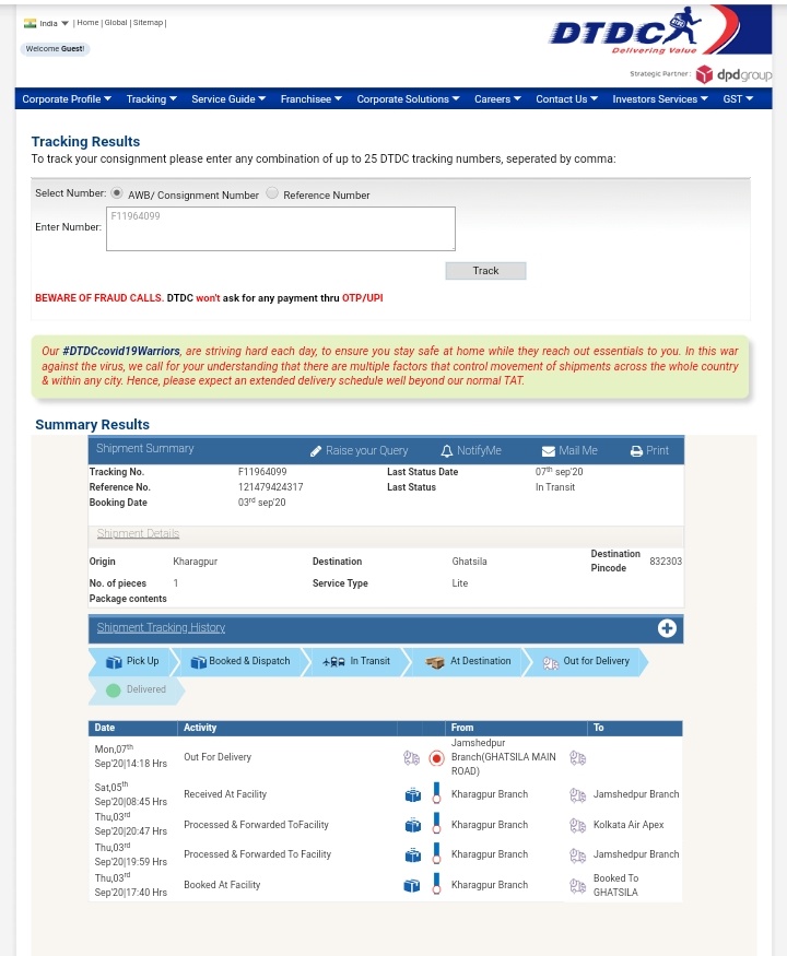 Sumanta_sroy's tweet photo. @DTDCIndia this package is showing out for delivery since yesterday 7th sep but till now not reached. Please confirm when will they deliver the package. https://t.co/QZmSaHIeSw