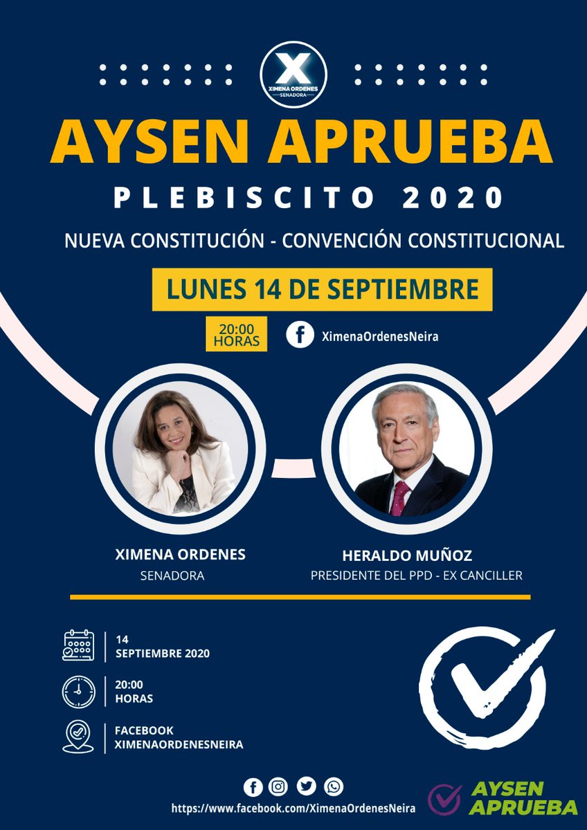 ximenaordenes's tweet photo. El próximo lunes 14 de septiembre, a las 20.00, estaré conversando con el presidente del @PPD_Chile, @HeraldoMunoz , sobre el plebiscito y la nueva Constitución. https://t.co/VKEOS7sAeH