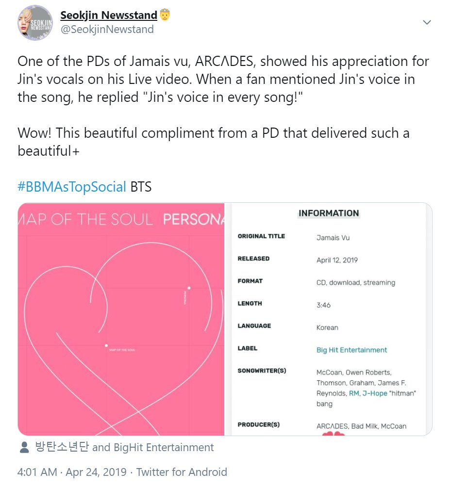 Remember when Jamais Vu's producer, ARCΛDES complimented Jin's singing on his instagram live.