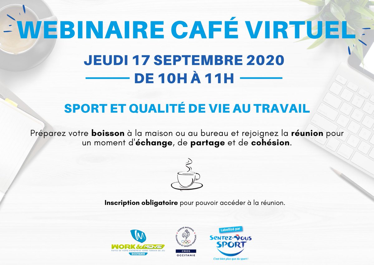 CROSOCCITANIE's tweet photo. #Webinaire - Sport &amp; qualité de vie au travail 👨‍💻 

📅 Jeudi 17 septembre 
⏰ De 10h à 11h
📩 Inscription obligatoire : https://t.co/2zSjysUe0Z

Au programme 👉 bénéfices du #sport, qualité de vie au travail &amp; sport en #entreprise !

@SentezVousSport  #SVS2020 #WORKANDMOVE® https://t.co/g0VLqm1oOA