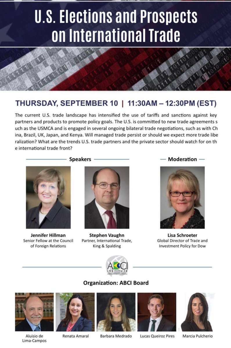 women_trade's tweet photo. 📣 EVENTO PRÓXIMO

Não perca esse webinar com as WITs @revamaral e @BarbaraMedrado4! 

#womeninsidetrade #uselections #abci #internationaltradelaw https://t.co/zT9sjUZyHy