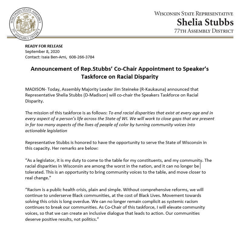 RepStubbs's tweet photo. The racial disparities in Wisconsin are among the worst in the nation, and it can no longer be tolerated. Below is my statement on my appointment to Co-Chair the Speakers Taskforce on Racial Disparity. https://t.co/9X7eN4AMqA