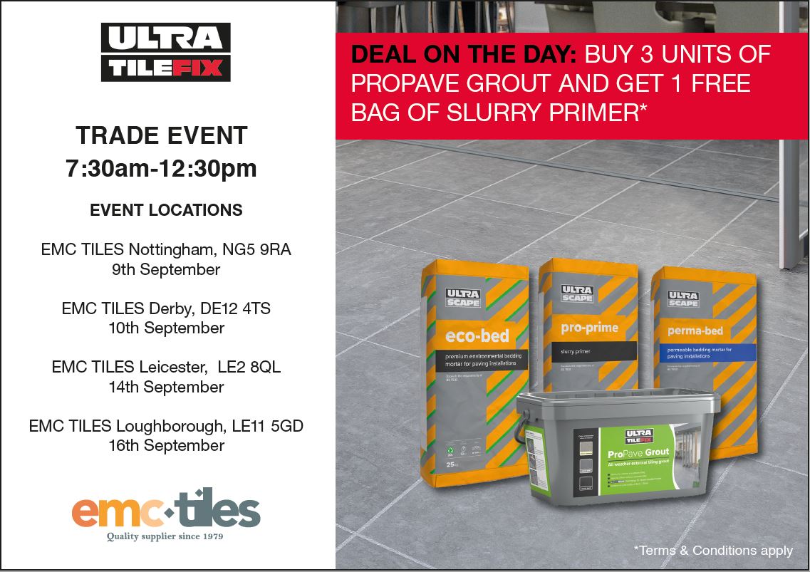 emctiles's tweet photo. We're welcoming @UltraTileFix this morning at #Nottingham!
Come along for info & demos on the NEW #ProPave product, perfect for use with #outdoortiles, as well as showcasing Pro-Prime slurry primer & Eco-Bed, premium bedding mortar, 7.30am - 12.30
#tiles #externaltiling #tilers https://t.co/OCEnYbgaA6