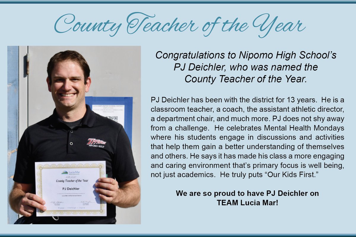 LuciaMarUnified's tweet photo. We are so proud of PJ Deichler from Nipomo High School for being named the San Luis Obispo County Teacher of the Year.  This is a well deserved honor.  Thank you PJ for all you do to make Lucia Mar great! #OurKidsFirst #TeamLuicaMar https://t.co/CSmkK3HkFB