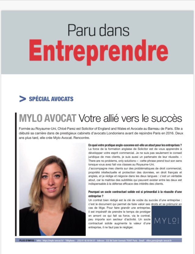 MyloAvocat's tweet photo. Glad to be featured in this month’s edition of newspaper Entreprendre to discuss #commercialcontracts and my UK-FR background! #lawyerlife https://t.co/msWNOsleAD