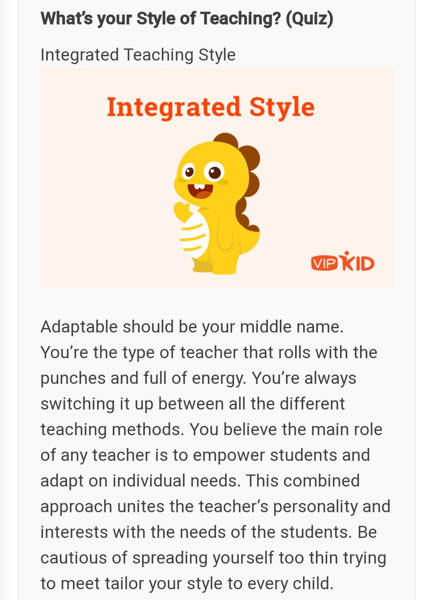 seamickaz's tweet photo. Thanks for the fun and helpful quiz, @TheVIPKIDLife! My result is an Integrated Teaching Style and I think it sounds pretty accurate! #TESOL #Teaching #TheVIPKidLife #VIPKid #OnlineTeaching #adaptable #flexible #accommodating https://t.co/Y7Dnclzyx0 https://t.co/wR0Mhp2FkR