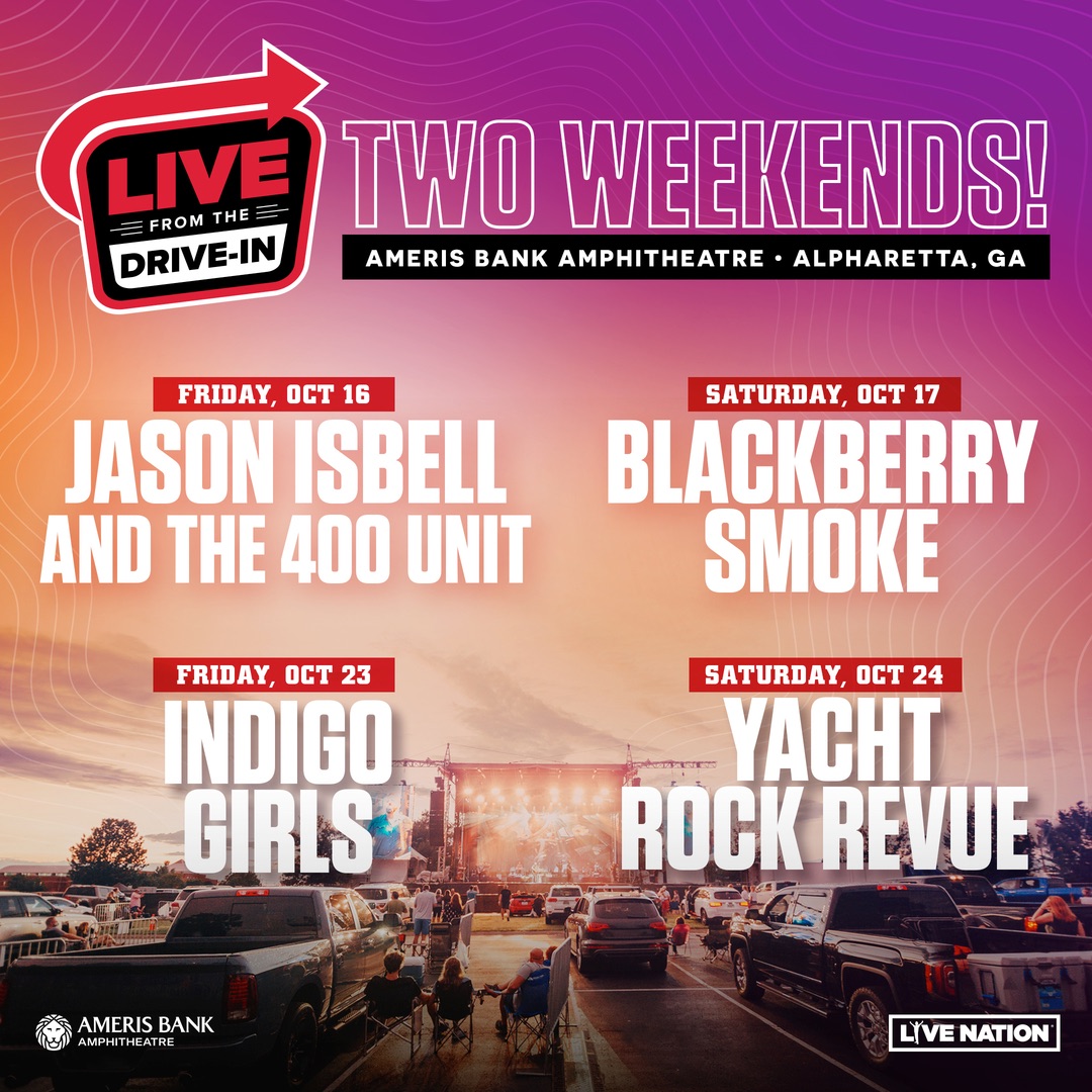 TabernacleATL's tweet photo. ATL: #LiveFromTheDriveIn is coming to town with @JasonIsbell and the 400 Unit, @blackberrysmoke, @Indigo_Girls and @YachtRockRevue! 🚗 🎵 Grab your tix now at https://t.co/lv6ORUkRzY! https://t.co/fRAr2lbSMr