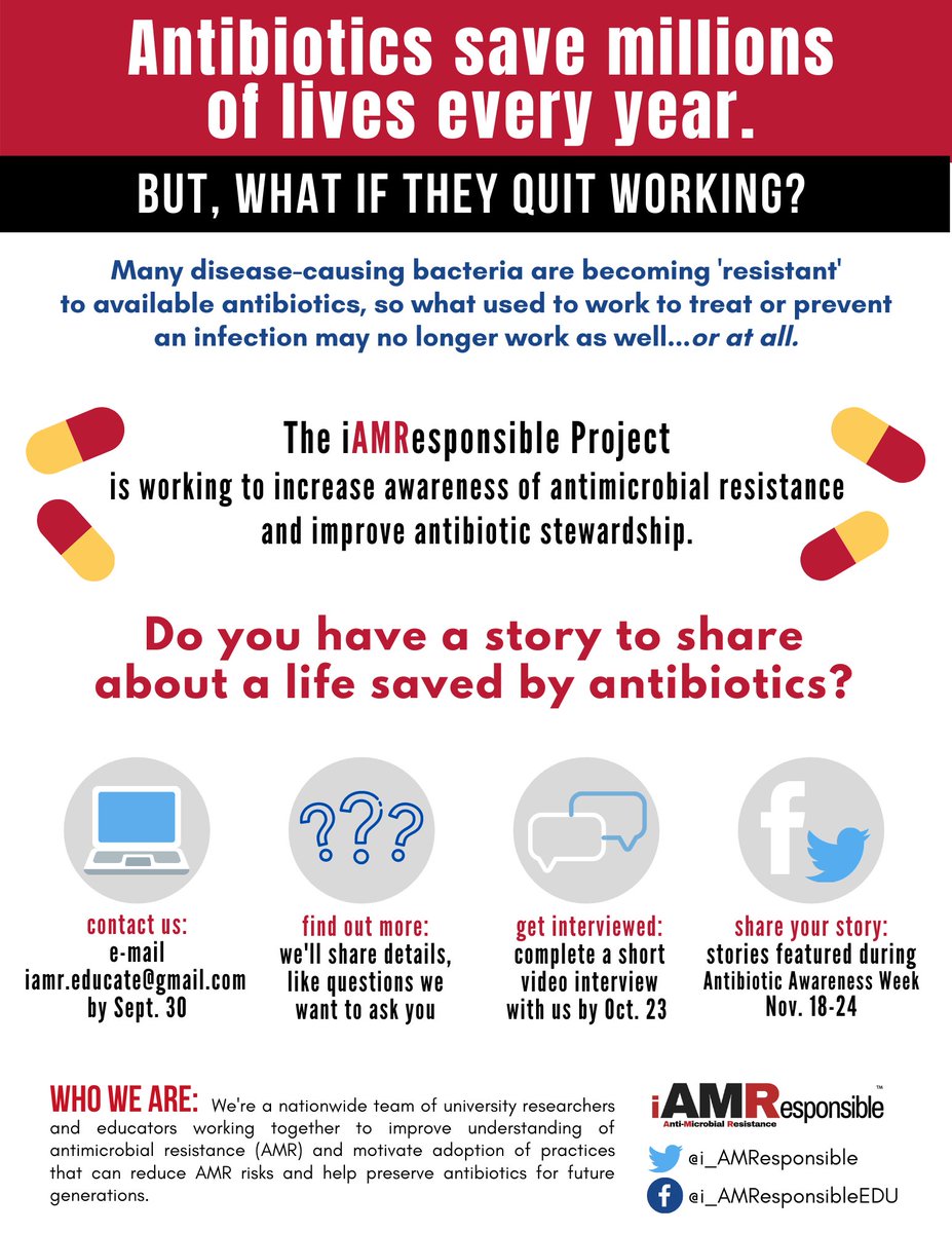 i_AMResponsible's tweet photo. #Antibiotics are life savers, but often taken for granted in modern times. If you've ever received lifesaving treatment from antibiotics we'd like to share your story during this year's antibiotic awareness week. Contact us to learn more or sign up at iamr.educate@gmail.com https://t.co/xAmWs6VPO0