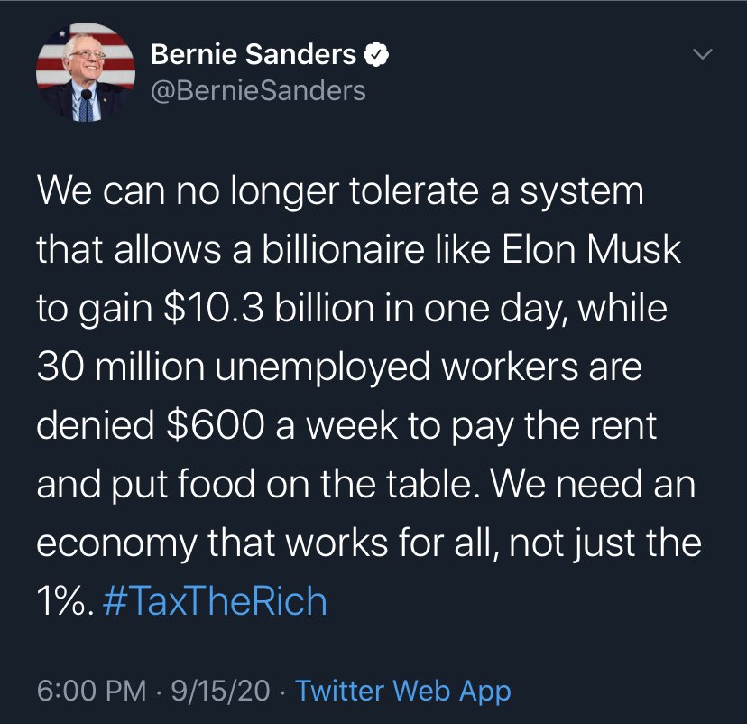 wendishen99's tweet photo. Um, @BernieSanders: why do you hate @elonmusk so much?! He’s out here going broke to save the world and when it finally makes him some money (on paper), he keeps on devoting it, plus his time and energy to improve things for us all. It’s a real bad look for you, tbh. 😔😣😒 https://t.co/Y3NbCY0iI4