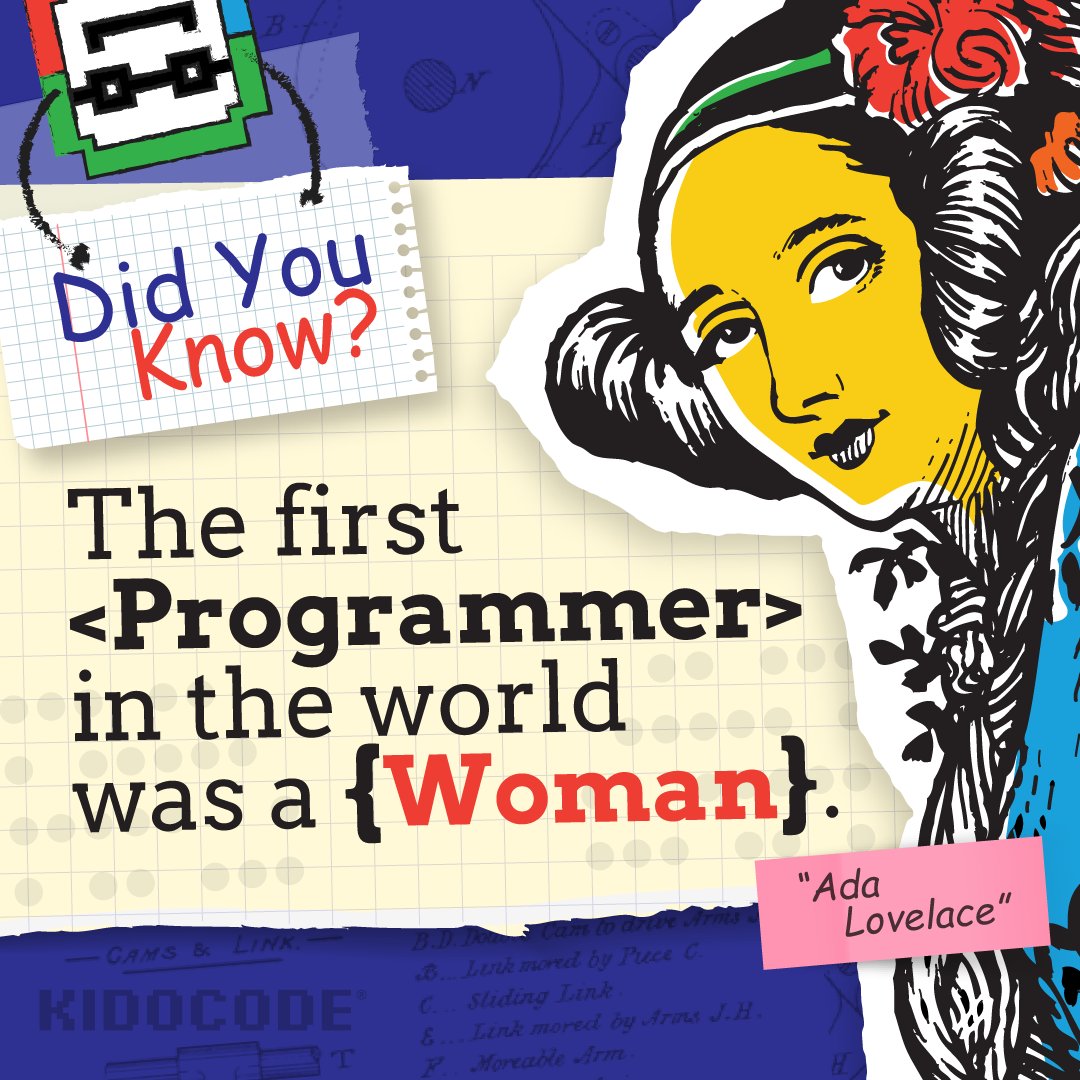 kidocode's tweet photo. Yes, the world’s first computer programmer was a woman and her name was Ada Lovelace, real name Ada King. She worked on an analytical engine back in the 1,800’s. #DidYouKnow #ComputerProgrammer #Fact #KidoCode https://t.co/XPn4QqUyay