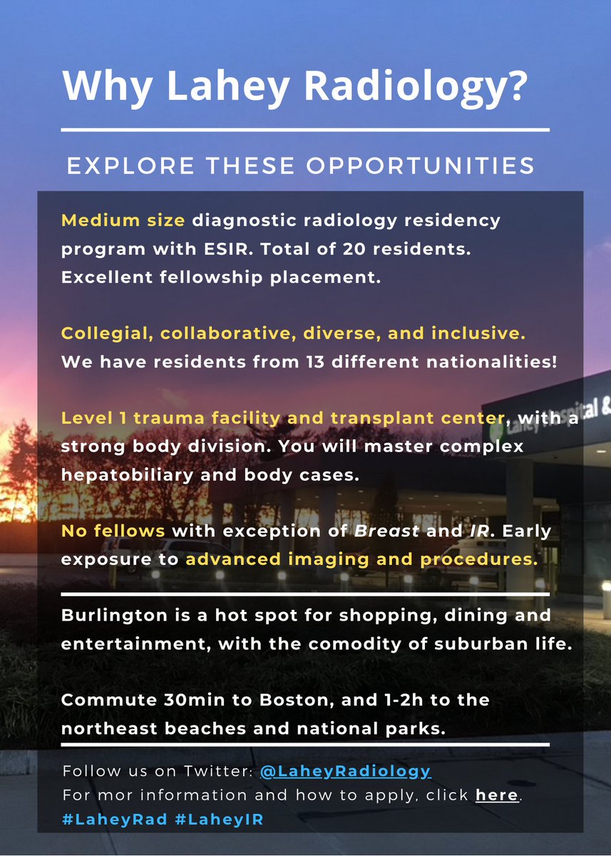 Lahey Radiology (@laheyradiology) on Twitter photo 🚨 Attention #futureradres applying to #radiology 🚨
Wondering if our program is the right fit for you? Check out our residency program flyer! 👇👇👇
Q&A 📩 #RadRes <a href="/Dinamur/">Diana Murcia Salazar</a> & <a href="/SarahAliMD/">Sarah M Ali, MD</a>
#LaheyRad #Match2021 #medtwitter #MedEd #medstudenttwitter <a href="/futureradres/">Future Radiology Residents</a> <a href="/MRSRFS/">Massachusetts Radiological Society RFS</a> 🚨 Attention #futureradres applying to #radiology 🚨
Wondering if our program is the right fit for you? Check out our residency program flyer! 👇👇👇
Q&A 📩 #RadRes <a href="/Dinamur/">Diana Murcia Salazar</a> & <a href="/SarahAliMD/">Sarah M Ali, MD</a>
#LaheyRad #Match2021 #medtwitter #MedEd #medstudenttwitter <a href="/futureradres/">Future Radiology Residents</a> <a href="/MRSRFS/">Massachusetts Radiological Society RFS</a>