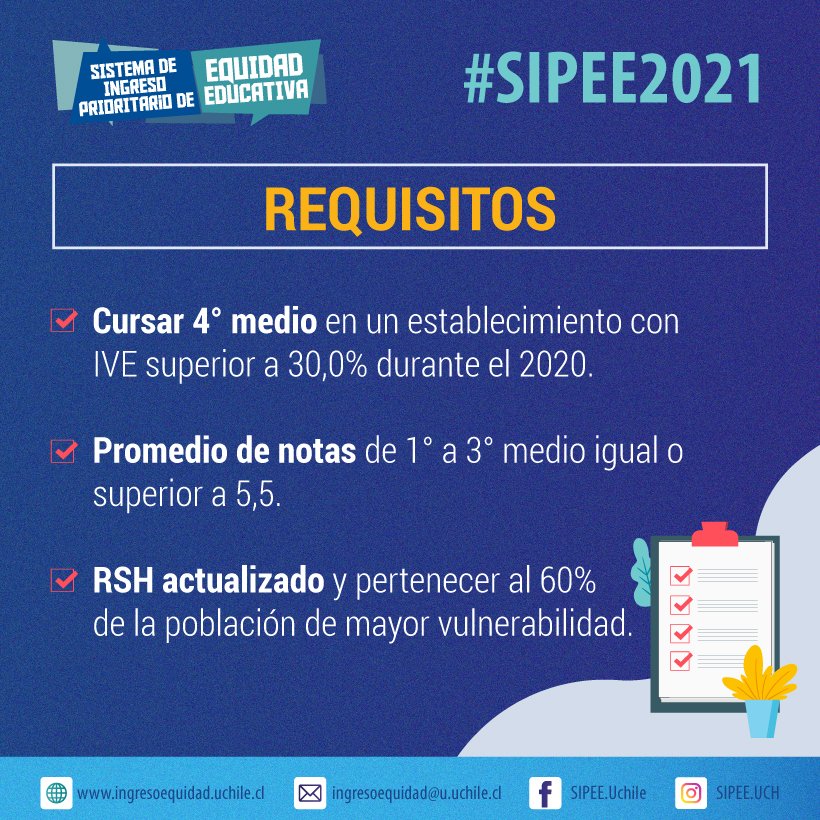uchile's tweet photo. Postula al #SIPEE Uchile: Revisa todos los requisitos de postulación en https://t.co/TFMDvieOwe y postula hasta el 09 de octubre ¿Dudas? Escribe directamente a @sipee_uch en Instagram o al correo ingresoequidad@u.uchile.cl. Más detalles en: https://t.co/CarDjeZ7e5 https://t.co/IkNrstke06