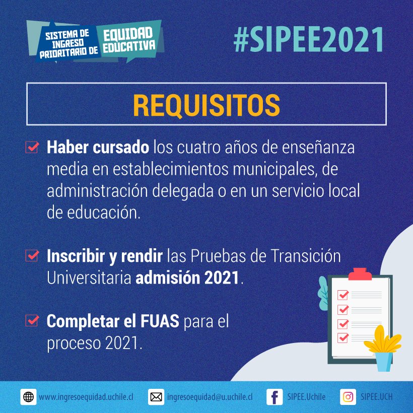 uchile's tweet photo. Postula al #SIPEE Uchile: Revisa todos los requisitos de postulación en https://t.co/TFMDvieOwe y postula hasta el 09 de octubre ¿Dudas? Escribe directamente a @sipee_uch en Instagram o al correo ingresoequidad@u.uchile.cl. Más detalles en: https://t.co/CarDjeZ7e5 https://t.co/IkNrstke06
