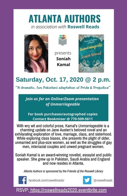 roswellreads's tweet photo. #RoswellReads -- Looking for a great Author Event?  On 10/17 Soniah Kamal, author of Unmarriageable, will be speaking on Zoom, sponsored by Atlanta Authors. For additional info and registration: https://t.co/s7Vyd5Hy6U https://t.co/MUxUEUllxF