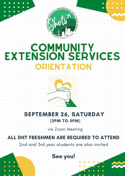 uscshots's tweet photo. Hey SHOTS! 
There will be an Orientation via Zoom Meet by the SBE Community Extension Services. All first-years are required to join. While, Second years and Third years are invited to join. Zoom Meeting Links are provided in our FB Page. 

See you!

#PadayonSHOTS #SHOTSNewNormal https://t.co/SYgnsyhqlA