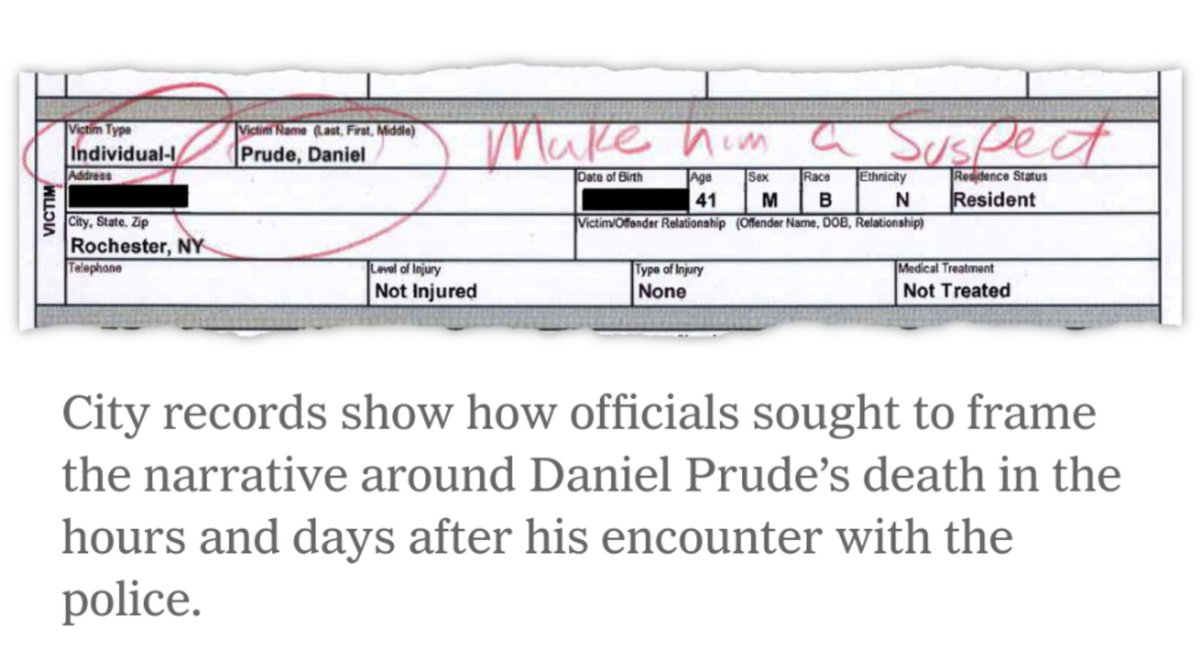 AshleyAtTimes's tweet photo. "Make him a suspect."

Damning reporting on how Rochester officials tried to keep video of Daniel Prude's death secret in the aftermath of the police killing of George Floyd. Written by @MWilsonNYT and @edjsandoval for @NYTMetro: https://t.co/WTlOJxGz0y https://t.co/V5oesoEc3E