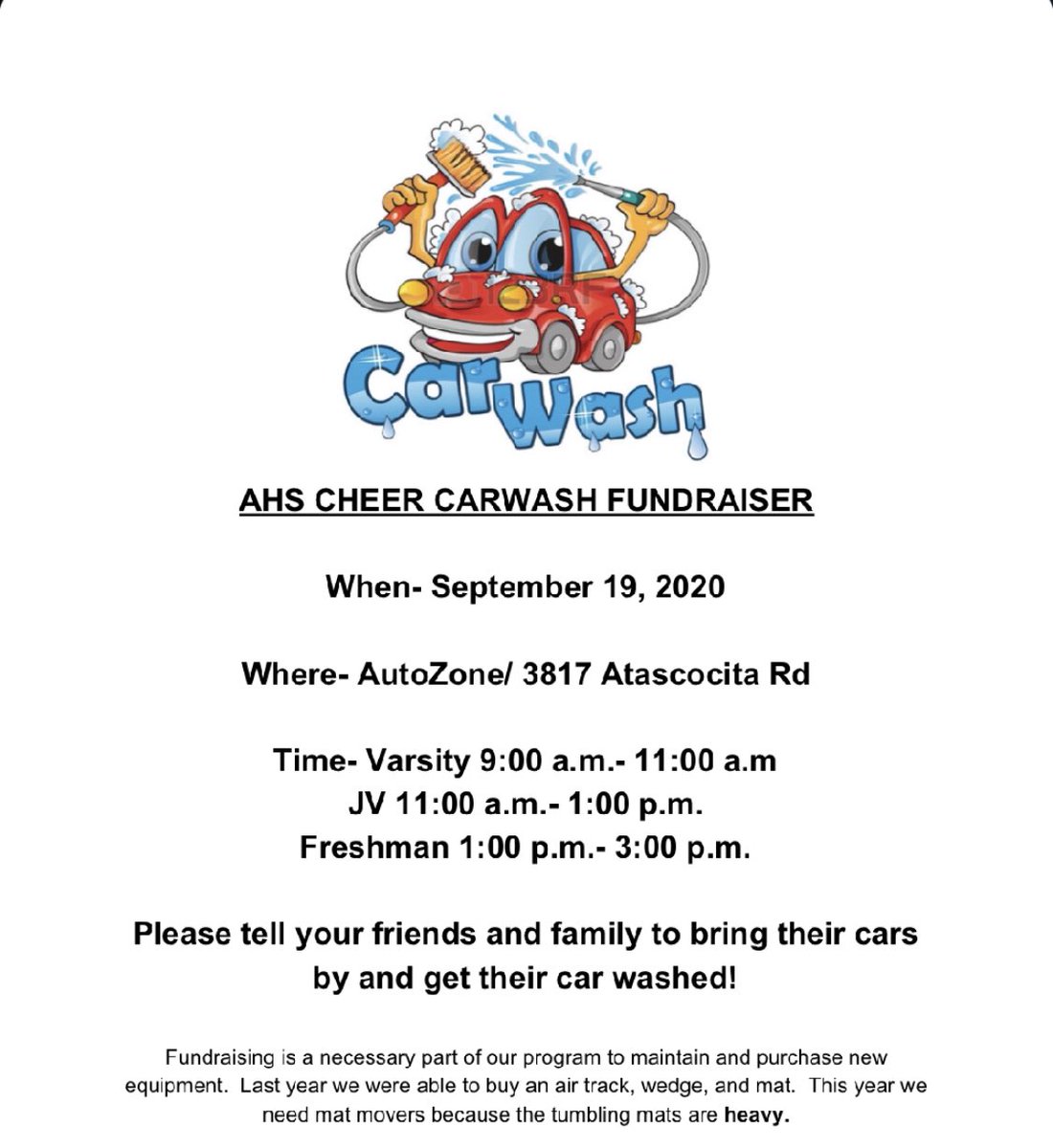 AtascocitaCheer's tweet photo. Come support the AHS Cheer program this Saturday!  Let us get your vehicle all nice and shiny!! We would love to see you. 🎀 https://t.co/8xIsNvov6x