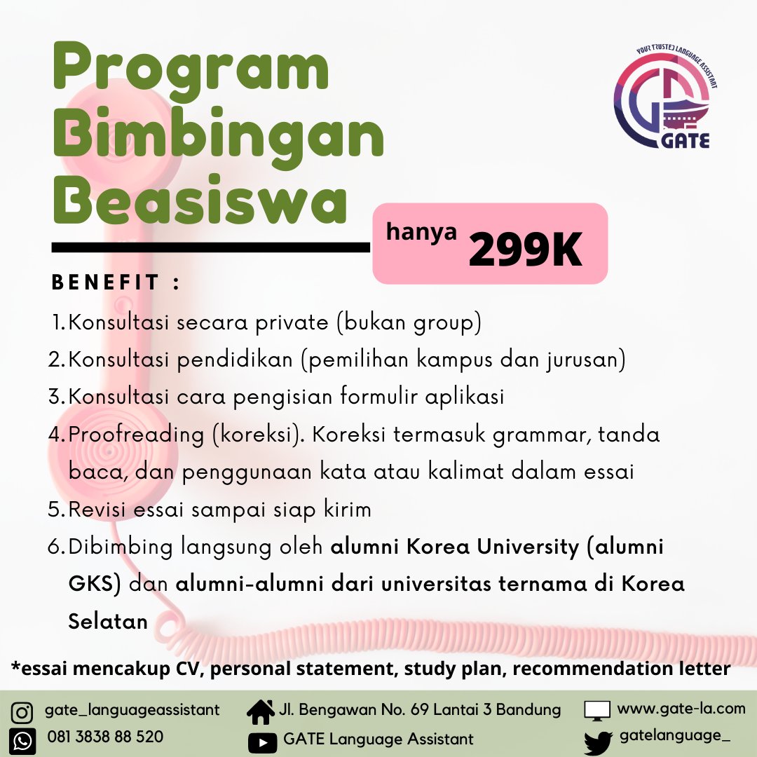 Gatelanguage_'s tweet photo. Jangan khawatir.. Pengajar-pengajar di GATE yang merupakan alumni dari universitas-universitas ternama di Korea bakal ngebimbing kalian buat urusan essai dll nya. Ssstt.. salah satu pengajar kami alumni GKS lho. Beliau alumni Korea Univ.
Yuk gabung di #programbimbingan https://t.co/4DEWnNTTA5