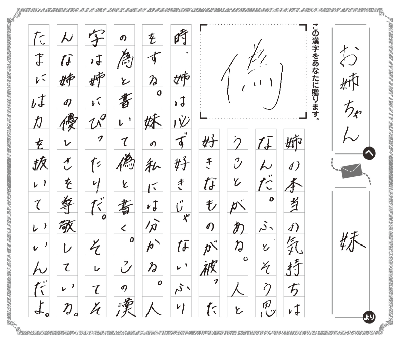 今 あなたに贈りたい漢字コンテスト على تويتر 姉妹 にしか分からないことがあるのかもしれません 漢字コンテスト 漢検 今年度の応募要項はこちら T Co Snpmdsrou7 過去の受賞作のご紹介 19年度 審査員賞 高校生部門 偽