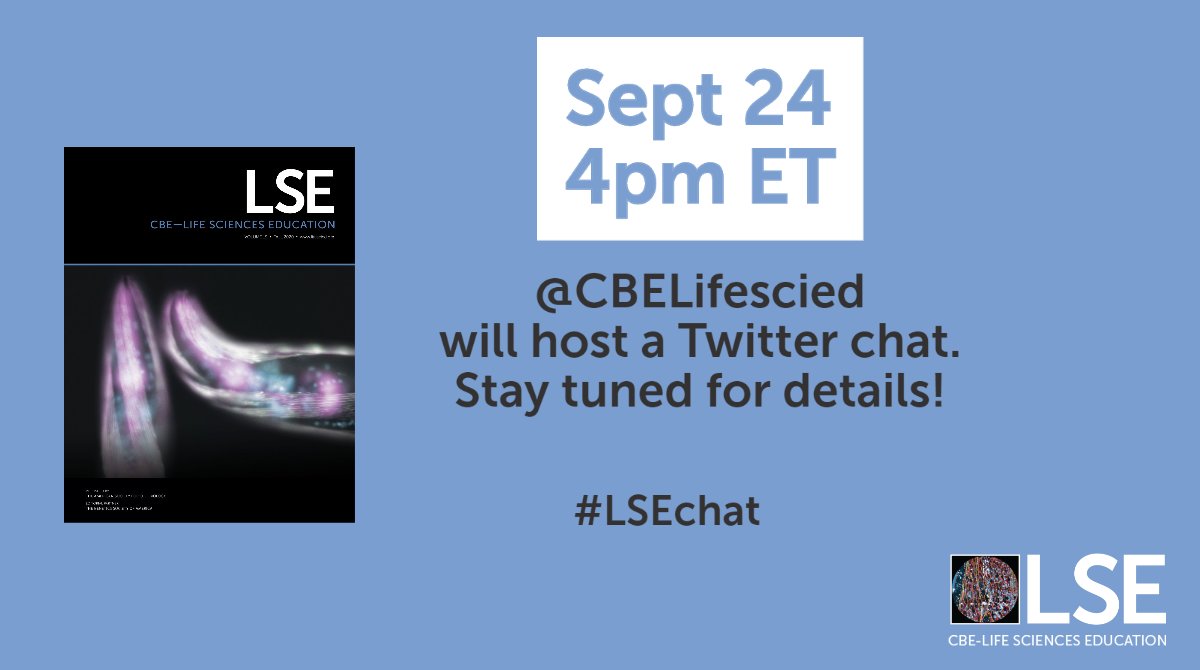 Life Sciences Education (@cbelifescied) on Twitter photo Join <a href="/CBELifescied/">Life Sciences Education</a> and moderator @idodavidesco on Thursday, Sept 24 at 4 pm ET for a 1-hr twitter chat about the Special Issue on Cross-Disciplinary Research in Biology Education. Engage with authors on relevant topics!
#LSEchat Join <a href="/CBELifescied/">Life Sciences Education</a> and moderator @idodavidesco on Thursday, Sept 24 at 4 pm ET for a 1-hr twitter chat about the Special Issue on Cross-Disciplinary Research in Biology Education. Engage with authors on relevant topics!
#LSEchat