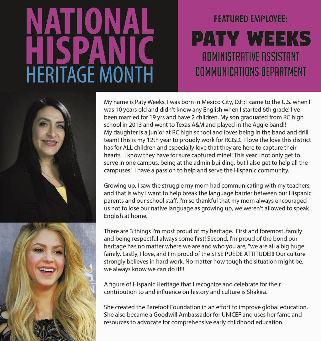Today begins National Hispanic American Heritage Month and we are honored to spotlight some of our amazing staff family members! They have been asked to also celebrate a figure of Hispanic heritage for their contributions and influence on history and culture. #RCISDJoy