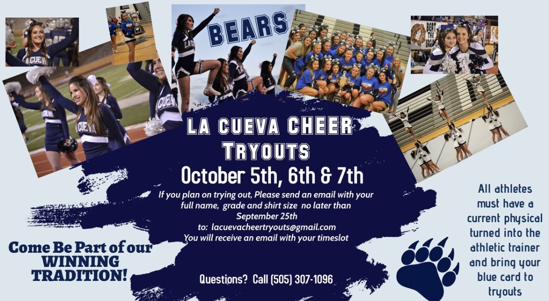 We are so excited! Cheer tryouts are finally here! We can’t wait to see everyone! 🧸🎀💙 #wewillplayagain #cuevacheer #whoareweLC #bears #WALC <a href="/LaCuevaFootball/">LCHS Bears Football</a> <a href="/lchsybk/">La Cueva Yearbook</a> <a href="/PrincipalLCHS/">La Cueva High School</a> <a href="/LCHS_Bears/">LeeAnn Moores</a> @LCHS_Keilbarth @LCHS_Rimer <a href="/LCHS_Hubbell/">Brian Hubbell</a> <a href="/lacuevasenate/">La Cueva Senate</a> <a href="/lataza12/">Lacee Metzger 👌</a>