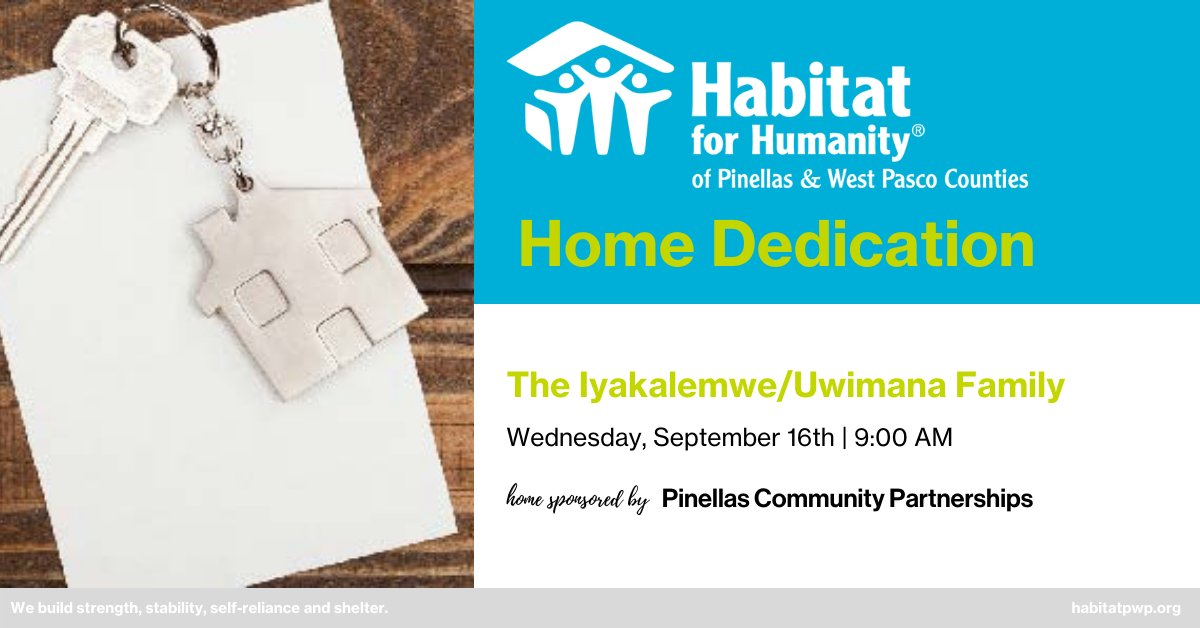 HabitatTBG's tweet photo. Join us virtually tomorrow morning for the home dedication of the Iyakalemwe/Uwimana family! We will be going live on Facebook at 9 AM.

#HabitatPinellasPasco #HomeDedication https://t.co/TNCGnpAj50