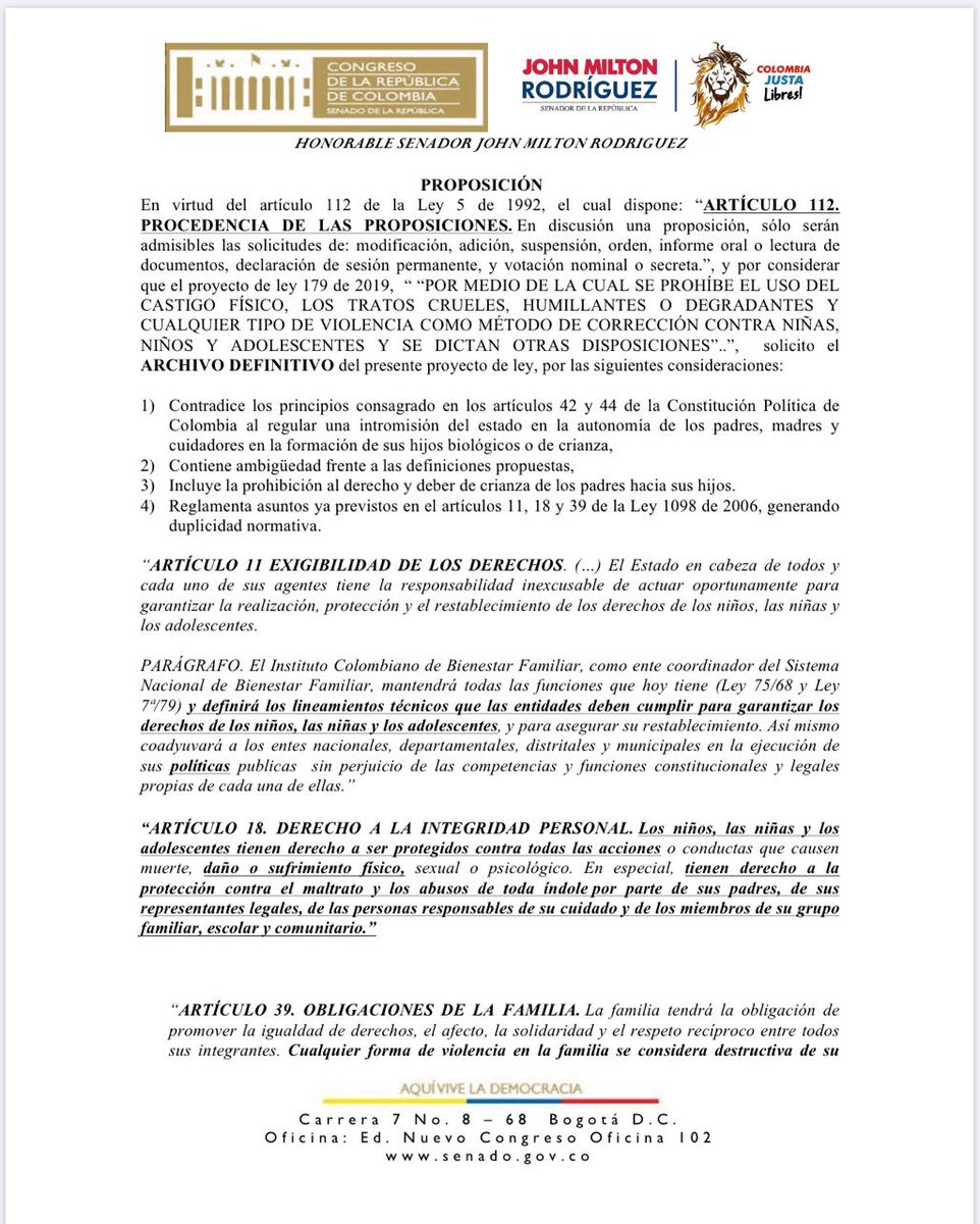 JohnMiltonR_'s tweet photo. El P.L. que prohibe el castigo físico tiene un #mico, atenta contra la #Constitución y los tratados internacionales al pretender un modelo estatal de crianza vulnerando la libertad de los padres en la formación de sus hijos. #MisHijosNoSonDelEstado @lafm @BluRadioCo @SenadoGovCo https://t.co/5yOrPbhDUz