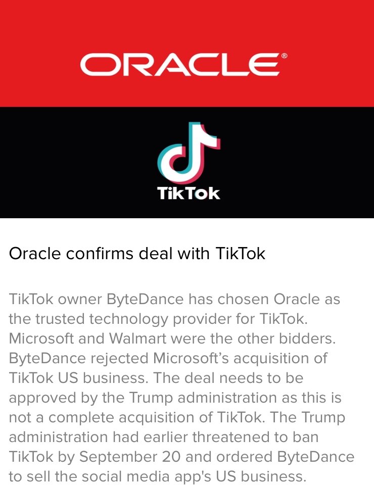 🤝 Oracle confirms deal with TikTok

Save your time by reading/listening such short news. 🗞️🎧  Download the popular TidBeats app 🚀@ tidbeats.org

#Oracle #ByteDance #TikTok #technology #provider #Microsoft #Walmart #USA #technews #technewsapp