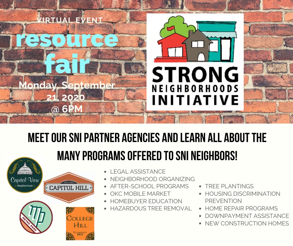 Come check out the perks to living in a SNI Neighborhood! Pre-register for the 9/21 virtual SNI Resource Fair at okc.gov/sni.  #neighborhoodrevitalization #snipartnersingood