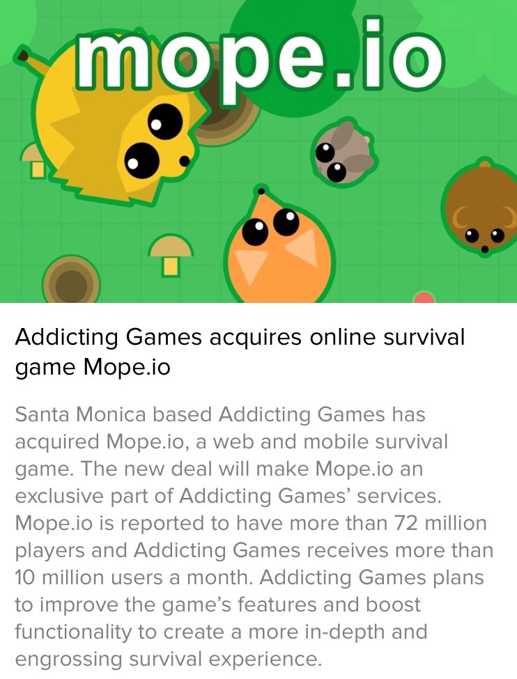 🎮 Addicting Games acquires online survival game Mope.io

Save your time by reading/listening such short news. 🗞️🎧  Download the popular TidBeats app 🚀@ tidbeats.org

<a href="/AddictingGames/">Addicting Games</a> <a href="/mopeio/">Mope.io</a>
#AddictingGames #mopeio #games #iogames #acquisition