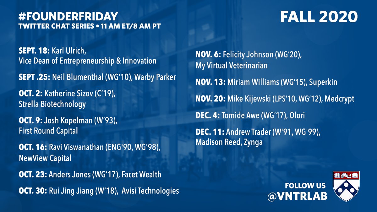 Venture Lab (@vntrlab) on Twitter photo Hey #entrePENNeurs!! The Fall 2020 lineup for our #FounderFriday series is here! We invite you to ask our interviewees (or us) any questions you might have about #entrepreneurship, #innovation, or #startups! Learn about the origin of Venture Lab with this week's guest
<a href="/ktulrich/">Karl T. Ulrich</a> Hey #entrePENNeurs!! The Fall 2020 lineup for our #FounderFriday series is here! We invite you to ask our interviewees (or us) any questions you might have about #entrepreneurship, #innovation, or #startups! Learn about the origin of Venture Lab with this week's guest
<a href="/ktulrich/">Karl T. Ulrich</a>