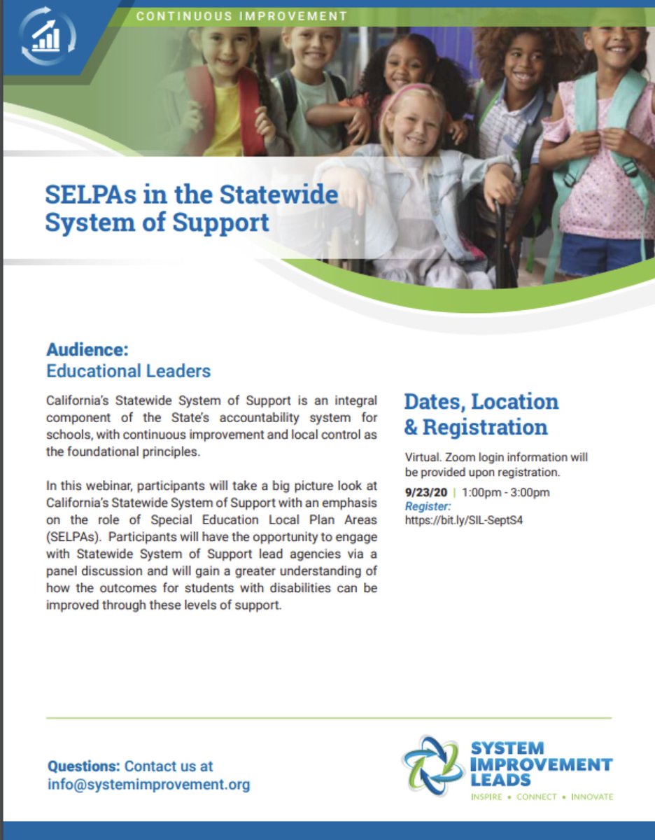 system_leads's tweet image. Join @system_leads and the SELPA content leads Wednesday 9/23 to dig into the Statewide System of Support &amp;amp; the valuable resources designed to improve access and equity for students w/ disabilities! Register @ bit.ly/SIL-SeptS4 #SystemOfSupport #SELPA #ContinuousImprovement
