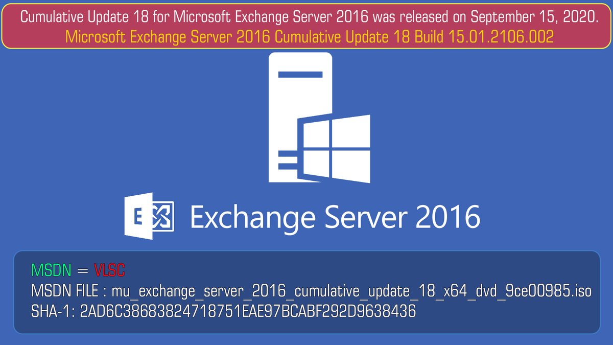 WZorNET's tweet photo. 👨‍💻📢Microsoft Exchange Server 2016 with Cumulative Update 18 https://t.co/02N6yB5glS
⚙️Build 15.01.2106.002
✔️#MSDN Multilang ISO: https://t.co/Ndmsi0YtRF
❗️#CU18 package can be used to run a NEW installation of #ExchangeServer2016 or to UPGRADE an existing installation.
👁️by WZT https://t.co/Yhq1iVXSuX