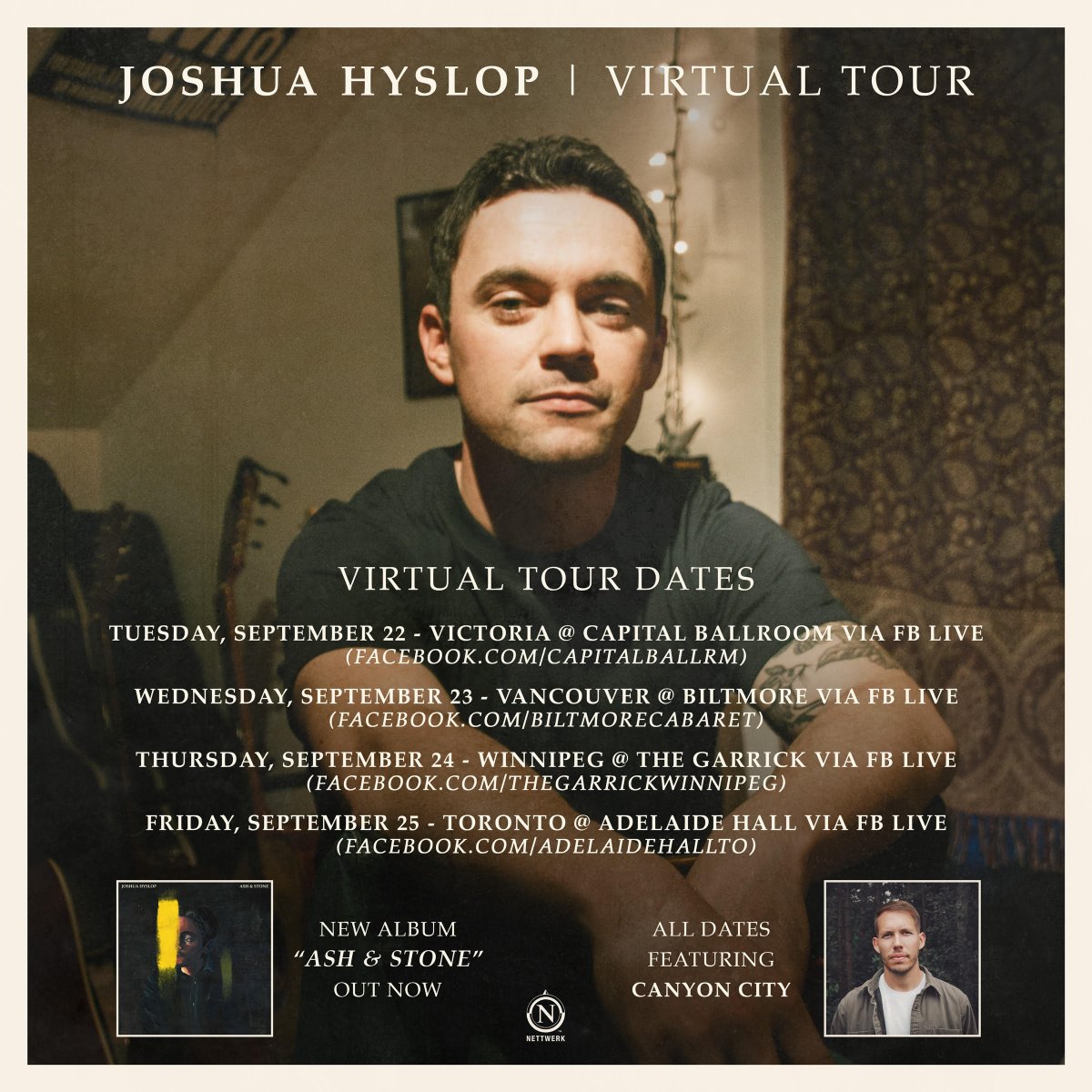 Joshua Hyslop will be going on tour virtually and performing via your favourite venues! Check out his latest album “Ash &amp; Stone” out now! Make sure you tune in early to catch an opening performance from Canyon City!
Listen to "Ash &amp; Stone" here: bit.ly/3ivRCVU