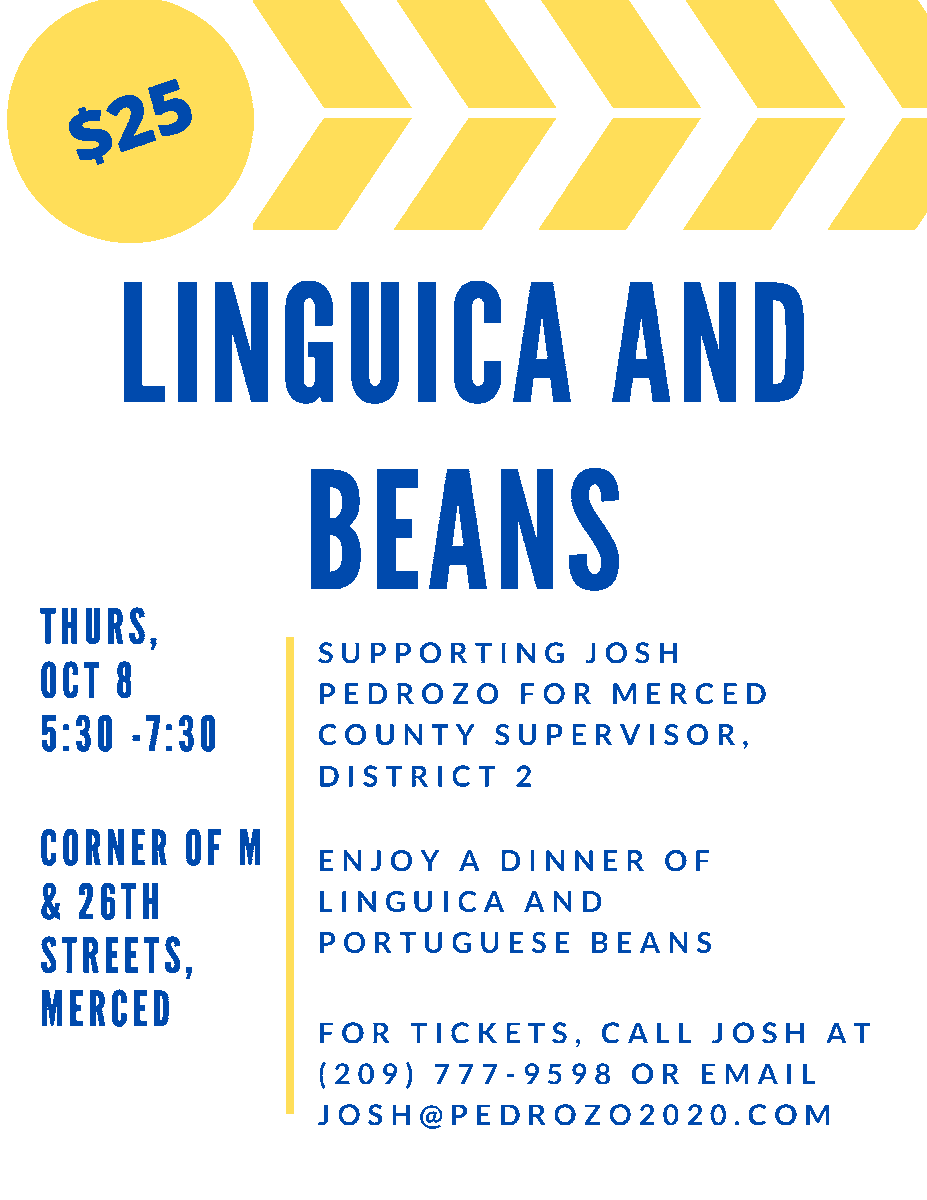 pedrozo2020's tweet photo. Drive thru or pick up, join us on October 8th from 5:30-7:30, because who doesn't love a second helping of #Linguica and Beans! #Merced #2020Election https://t.co/0dHc2tSCdq