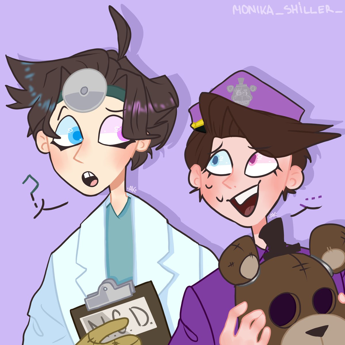 Monika48256026's tweet photo. Cute Doctor Dawko from the comic @blueycapsules ❤️
And the funny guard Dawko from @dawkosgames ❤️
Very cute and cool characters (and their designs), I love them !!💖💖💖
________________________
Yes, gifts again. 
#fnaf #DoctorDawko #SecurityDawko #Dawko #art #gift https://t.co/Hy1h4QbWuQ