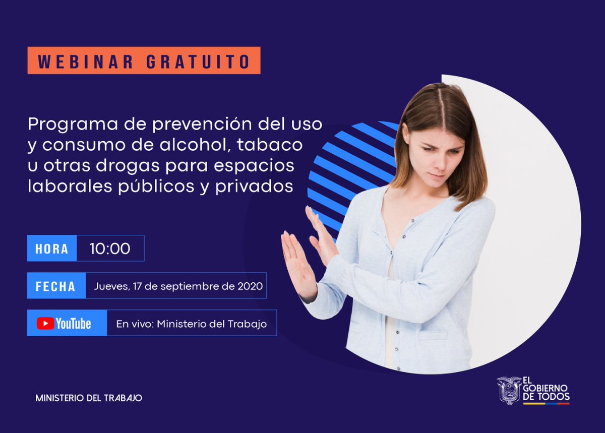 MinTrabajoEc's tweet photo. Participa en la #CapacitaciónMDT para la prevención del uso y consumo de alcohol, tabaco y otras drogas en ambientes laborales.

Los participantes registrados, a través del enlace que se compartirá durante la transmisión del programa, recibirán un certificado de participación. https://t.co/r7JnAJvWTw